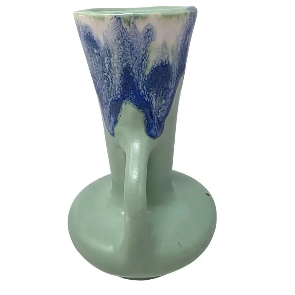 Vintage Double Handle Vase Mint Green Blue Drip Glaze Art Pottery 6.5